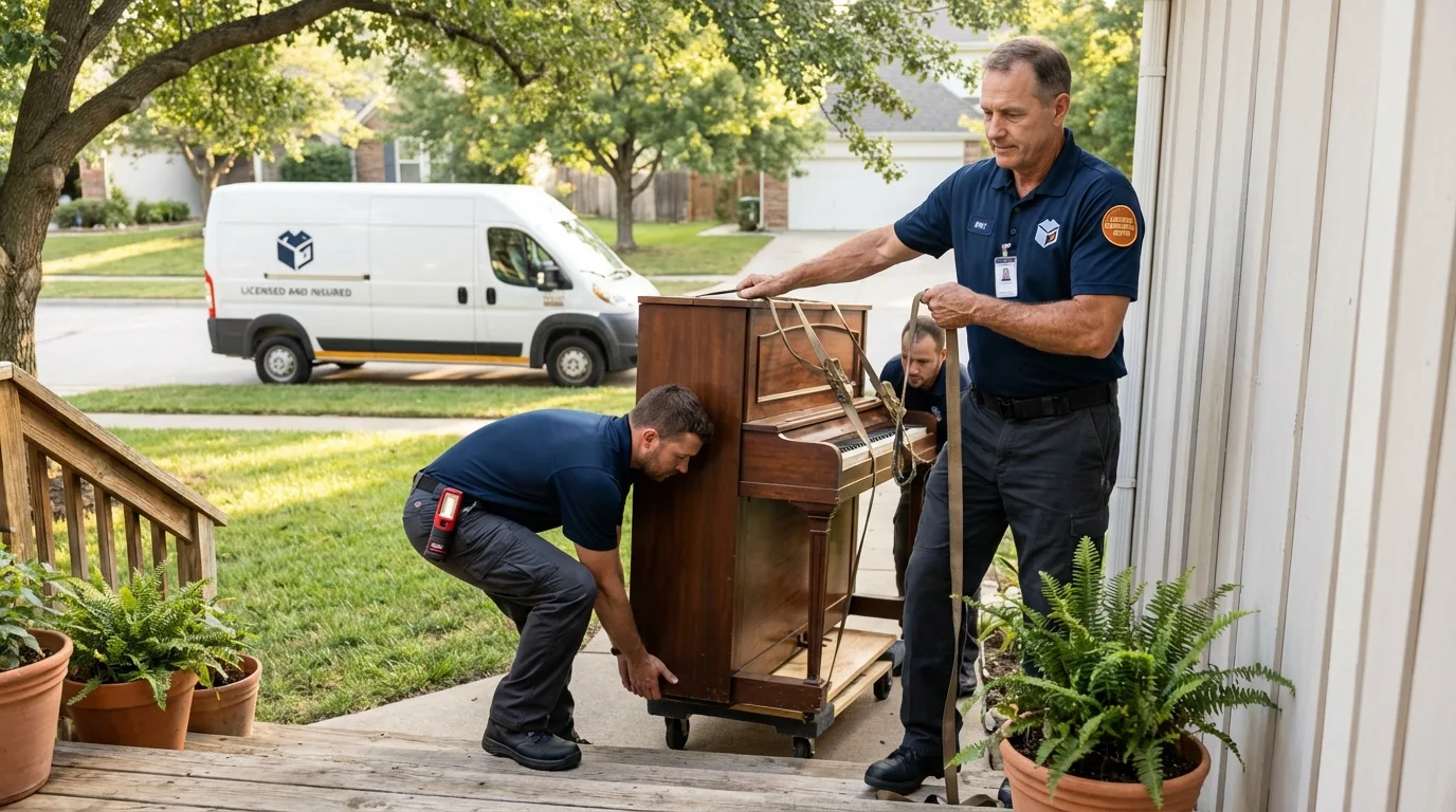 Licensed piano movers securing grand piano in Lilbourn, MO
