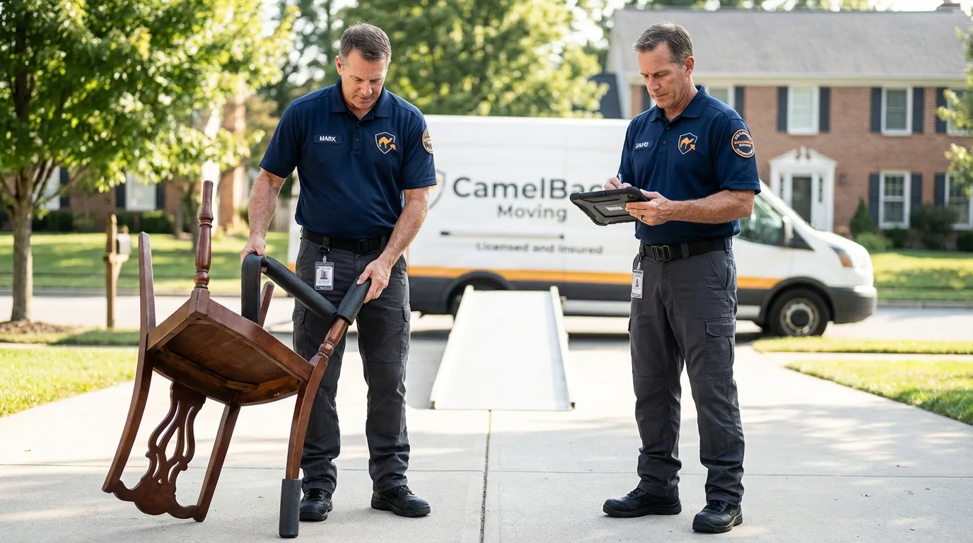 Movers inspecting furniture for damage prevention before loading in Lilbourn, MO