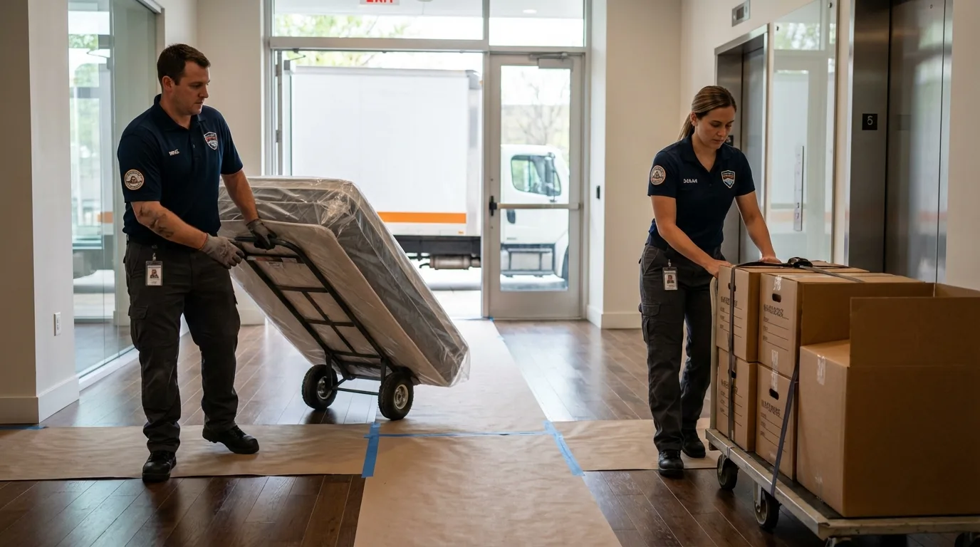 Professional apartment movers loading elevator in Lilbourn, MO